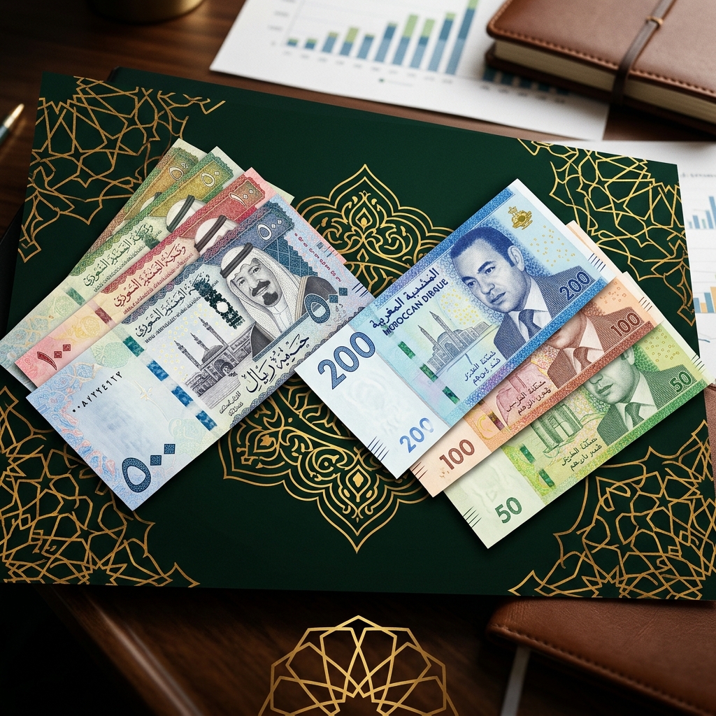 Saudi Riyal (SAR) banknotes next to Moroccan Dirhams (MAD) in a premium financial layout
