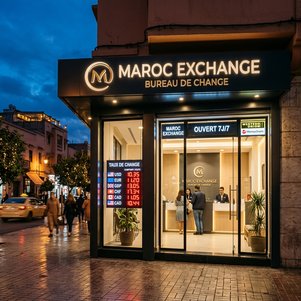 Bureau de change moderne ouvert le dimanche et week-end au Maroc