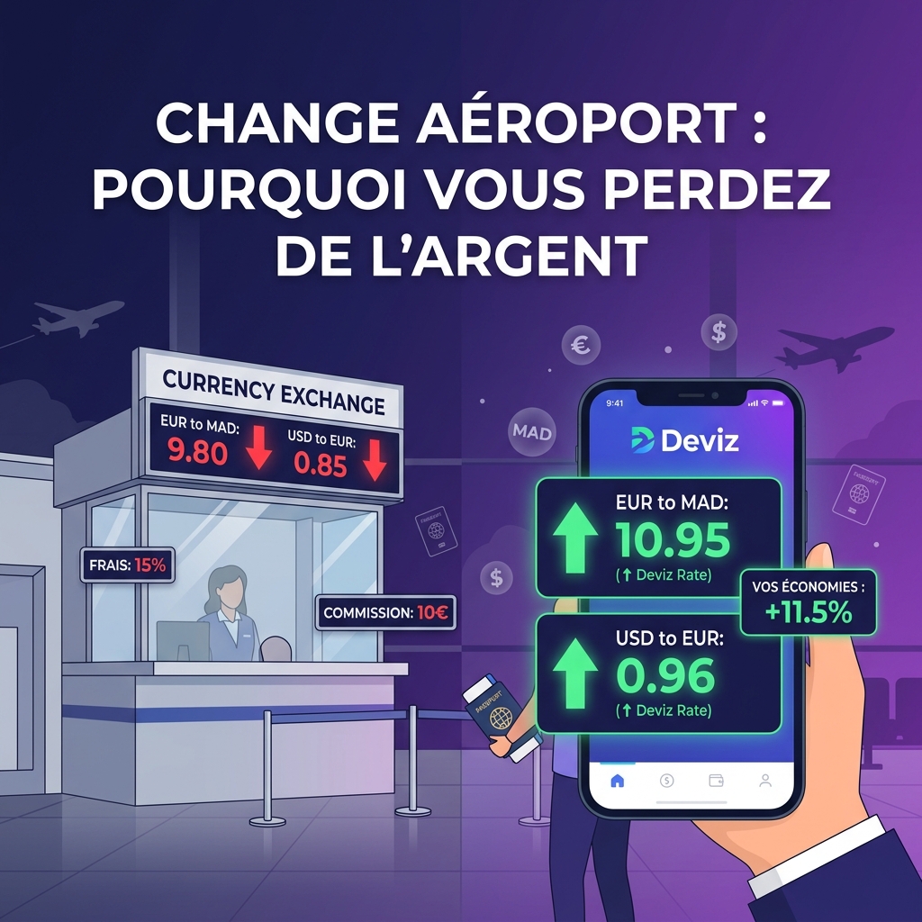 Comparaison taux de change aéroport vs bureau de change en ville au Maroc