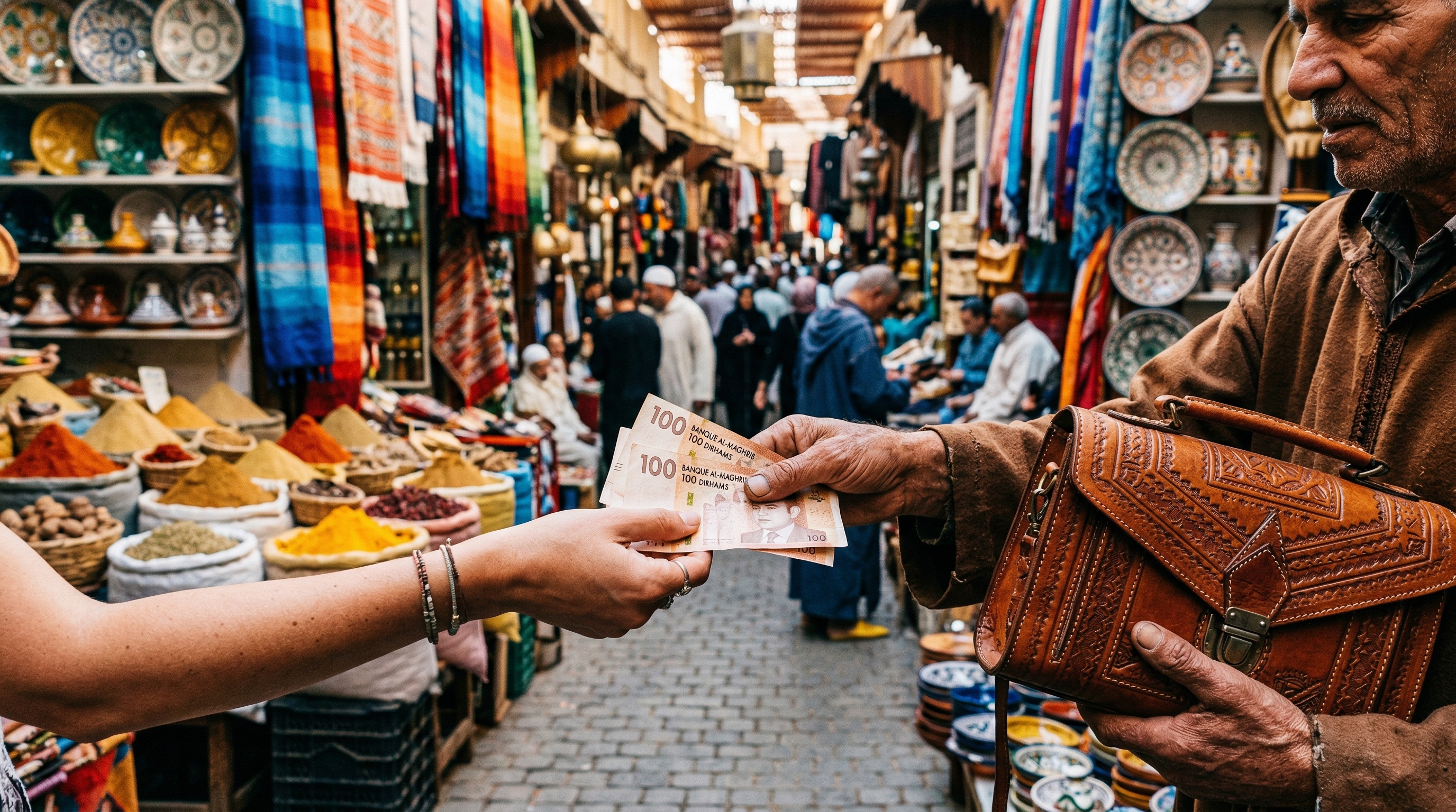 Shopping dans les souks du Maroc et paiement en dirhams cash