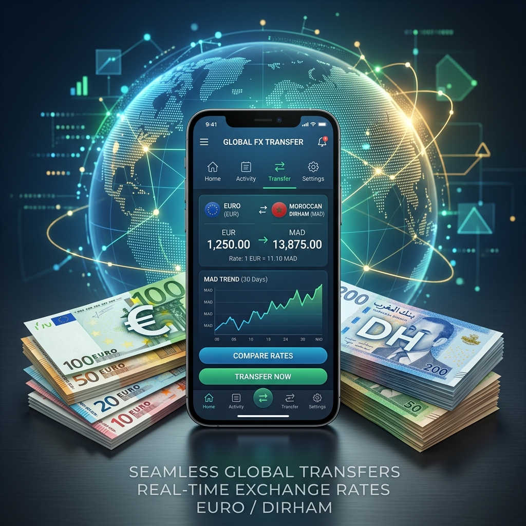 Fintech transfer app on smartphone versus physical Euro and Dirham banknotes stacks comparison