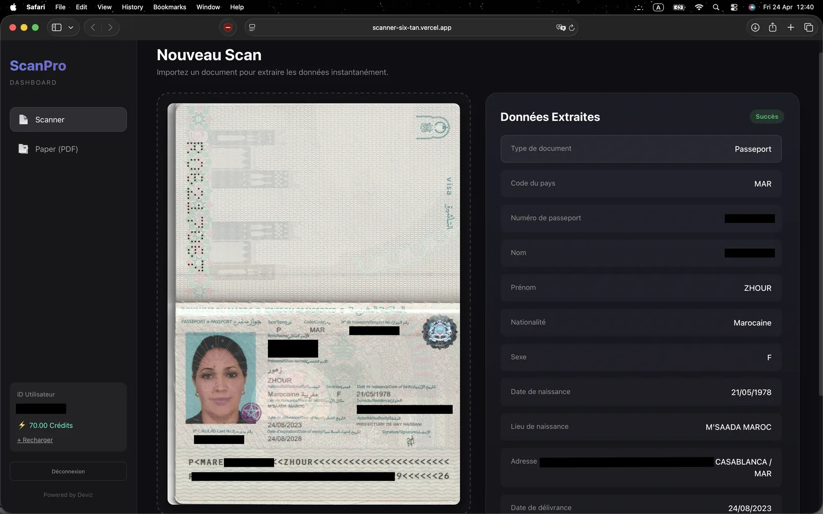 Lecture automatique d'une pièce d'identité par Deviz Scan